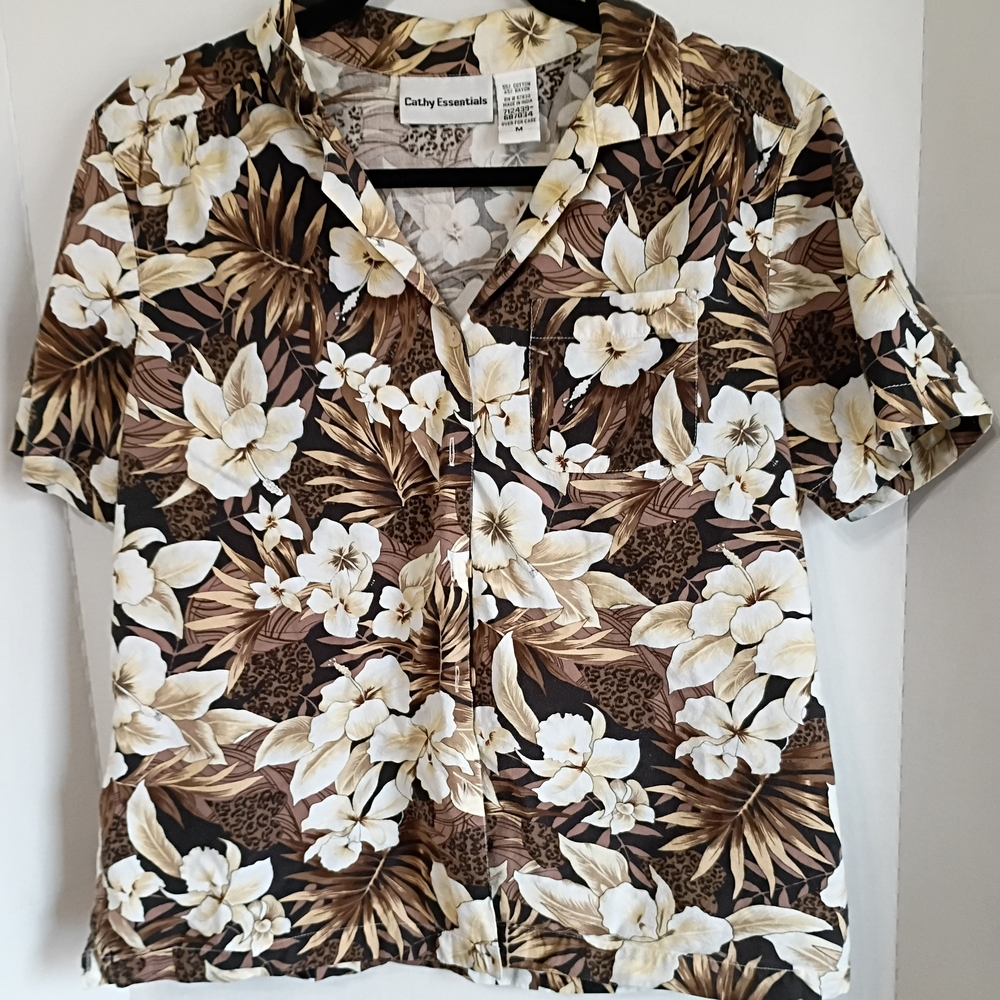 Essentials Women's Tropical Floral Button Down Shirt - Brown and Cream
